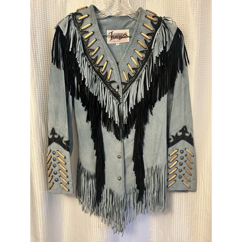 VTG Blue Suede Fringe Western Jacket Womens 8 Boho Hippie Indie Festival Y2K 90s